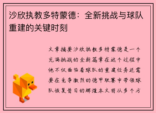沙欣执教多特蒙德：全新挑战与球队重建的关键时刻